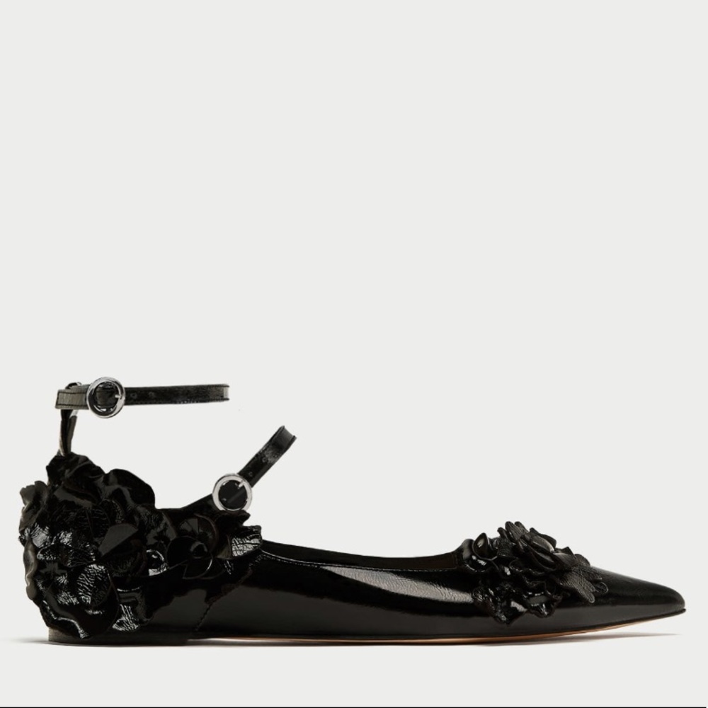 ZARA LEATHER BALLERINA FLATS FLORAL DETAIL - Picture 2 of 6